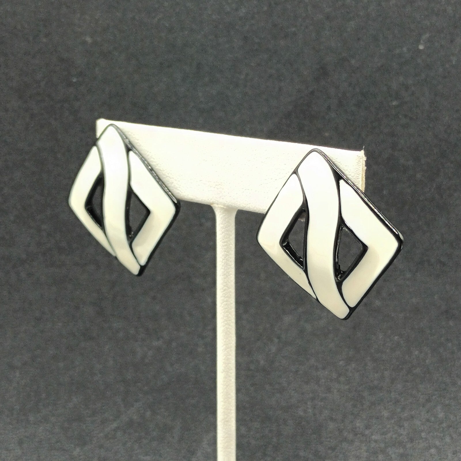 Vintage Pierced Earrings White Black Enamel Open Square Drop 1 3/8"