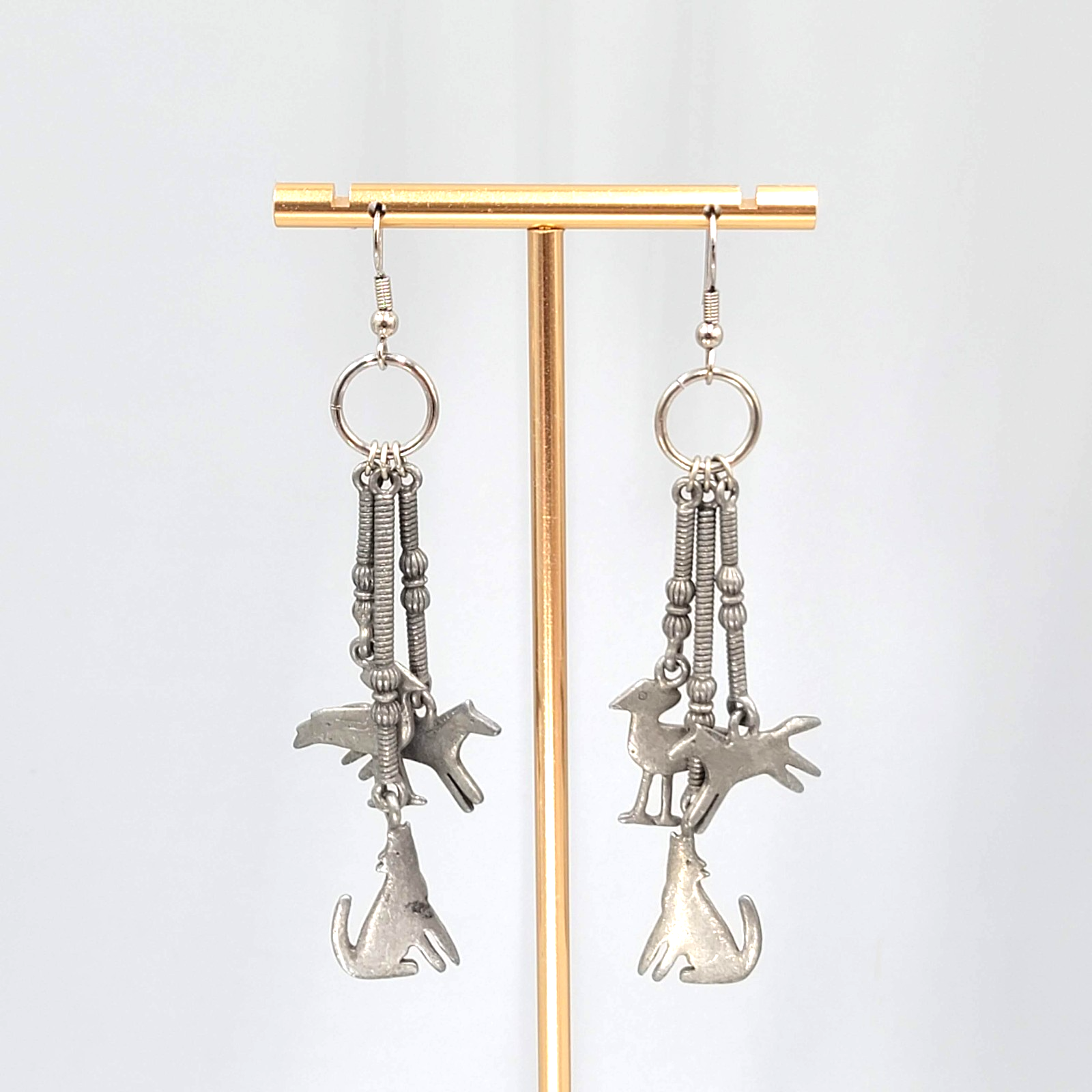Vintage Southwest Theme Pierced Earrings Horse Coyote Gray Pewter Dangle 3"