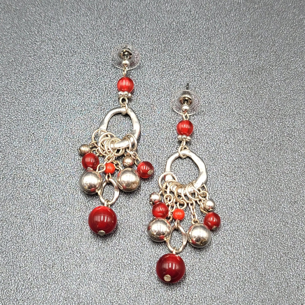 Pierced Earrings Silver tone Moonglow Red Beads Dangle 2.5"