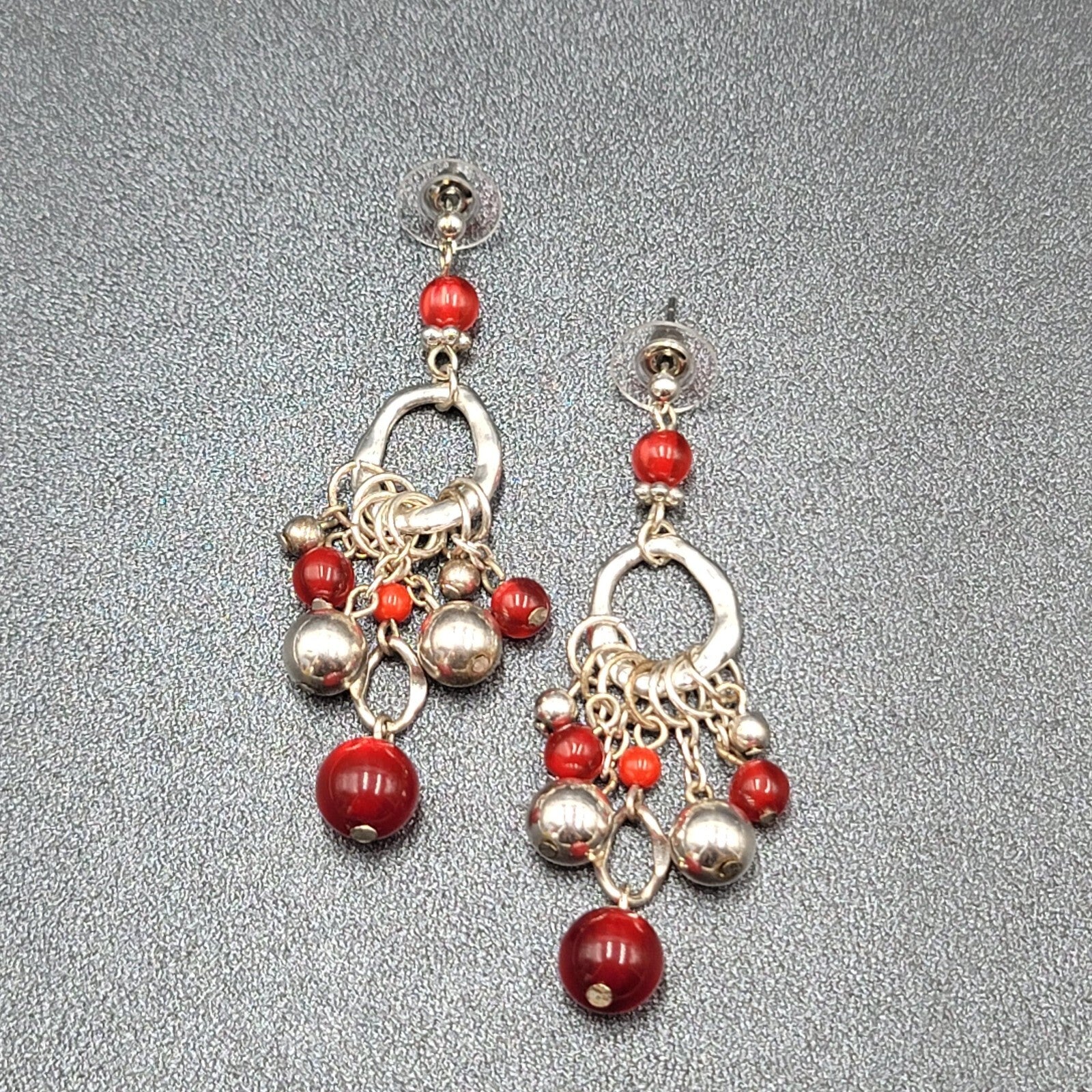 Pierced Earrings Silver tone Moonglow Red Beads Dangle 2.5"
