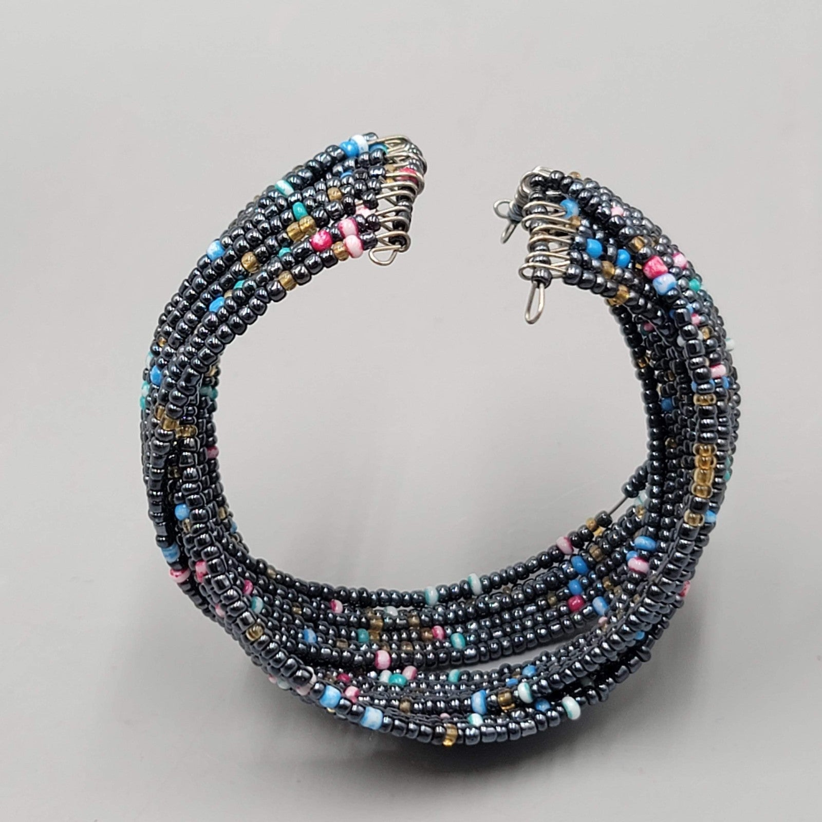 Black Weaved Seed Bead Cuff Bracelet Multicolor Accents Silver tone 7 in