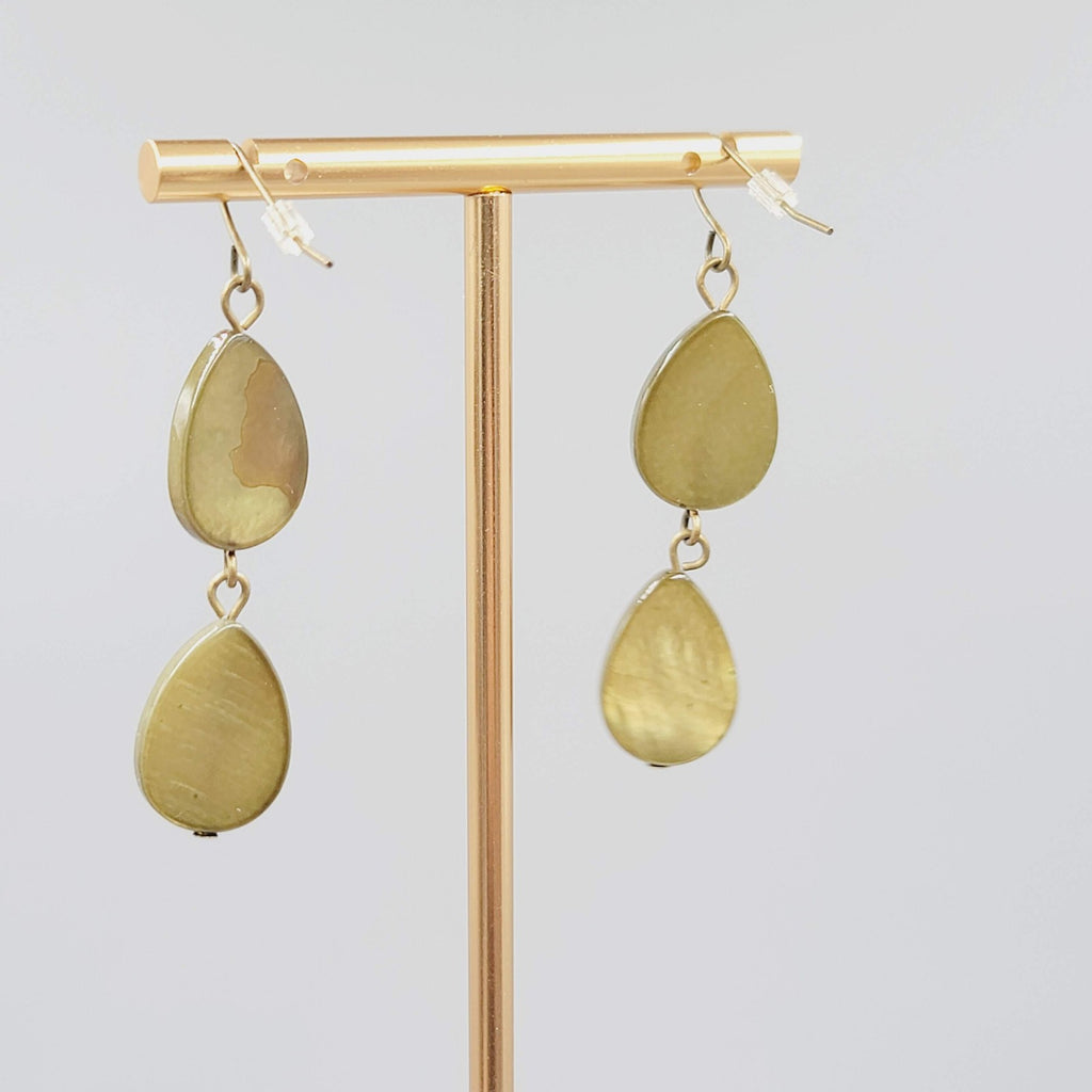 Teardrop Dangle Pierced Earrings Green Dyed Shell Bronze tone 1.75"