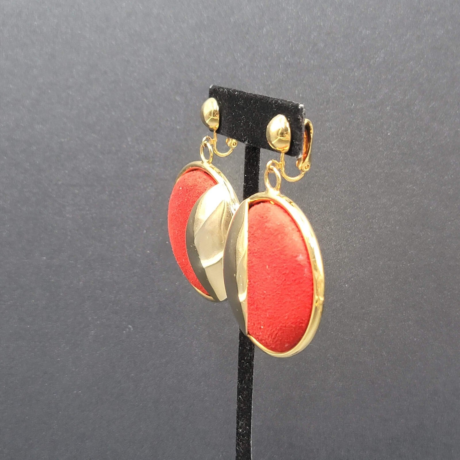 Vintage Clip on Earrings Large Statement Red Felt Gold tone  2.5"