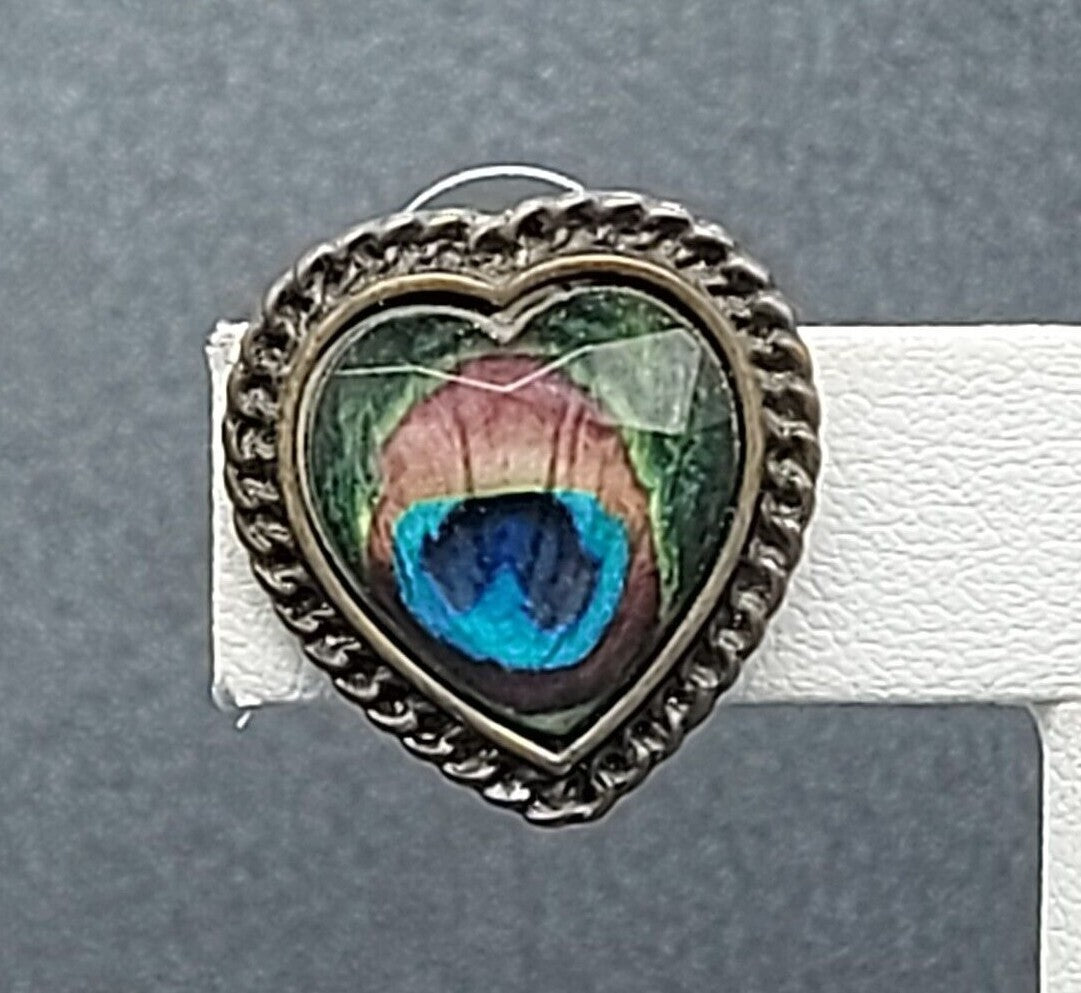 Pierced Earrings Acrylic Peacock Design Heart Studs 7/8"