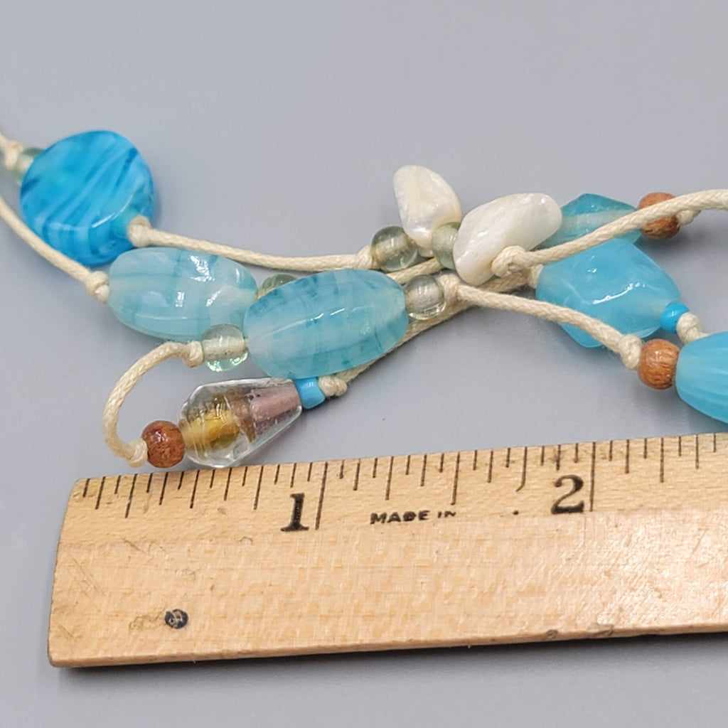 Vintage Blue Glass Bead Necklace Beach Theme Nautical Seashell Accents Long 44"