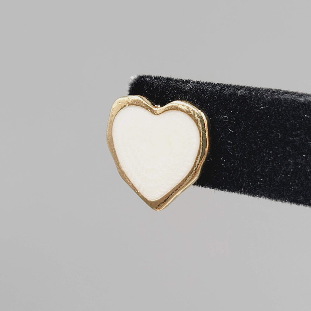 White Heart Pierced Earrings Enamel Gold tone Studs  5/8"