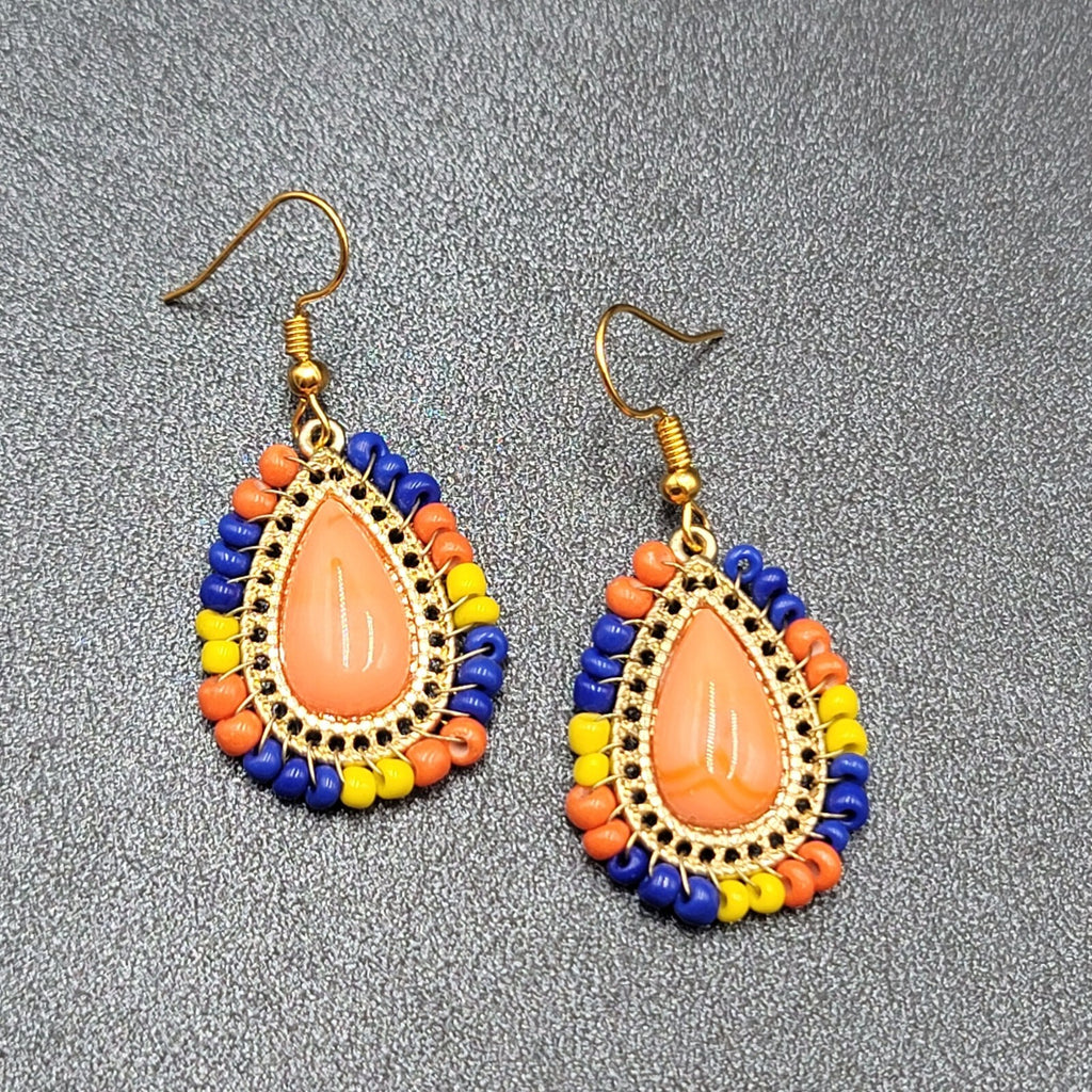 Pierced Earrings Gold tone Orange Teardrop Multicolor Beads 1 1/8"