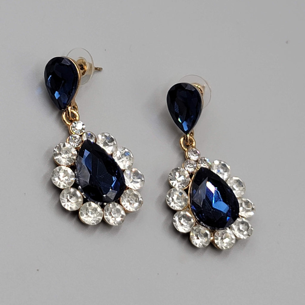 Blue Teardrop Glass Pierced Earrings Gold tone Dangle 2"