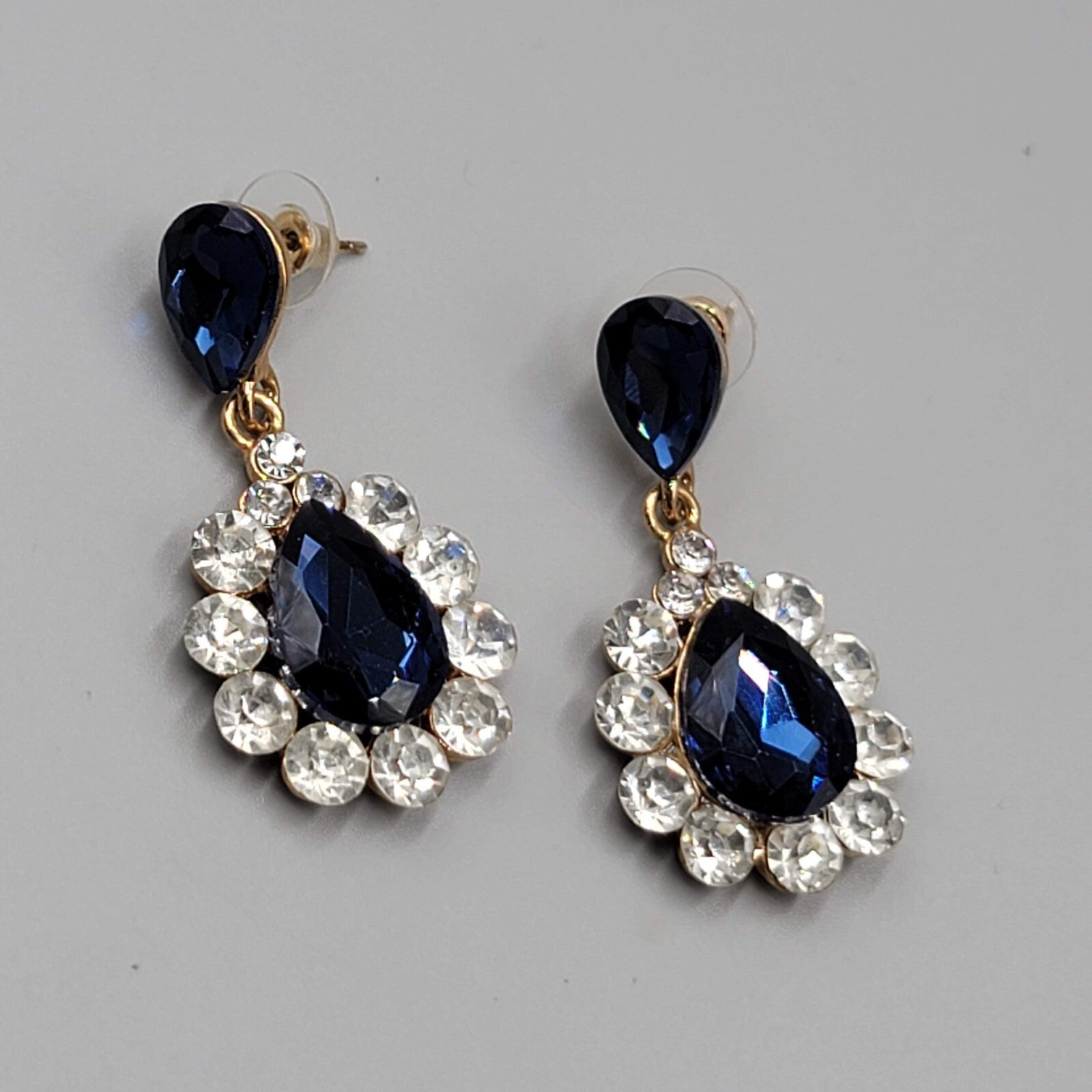 Blue Teardrop Glass Pierced Earrings Gold tone Dangle 2"