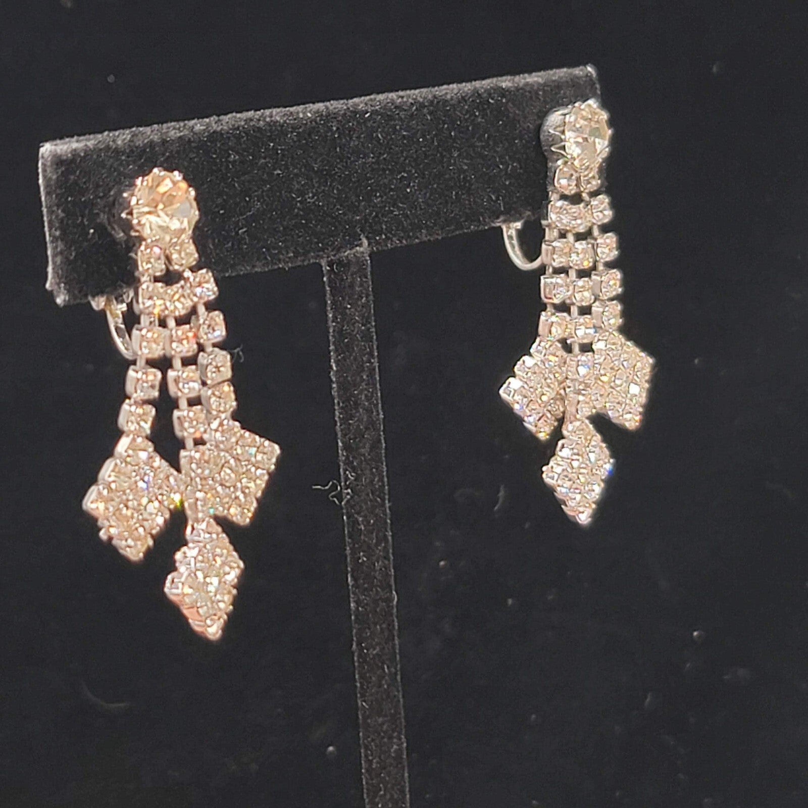Vintage Rhinestone Clip on Earrings Dangle Silver tone 1.5" Length