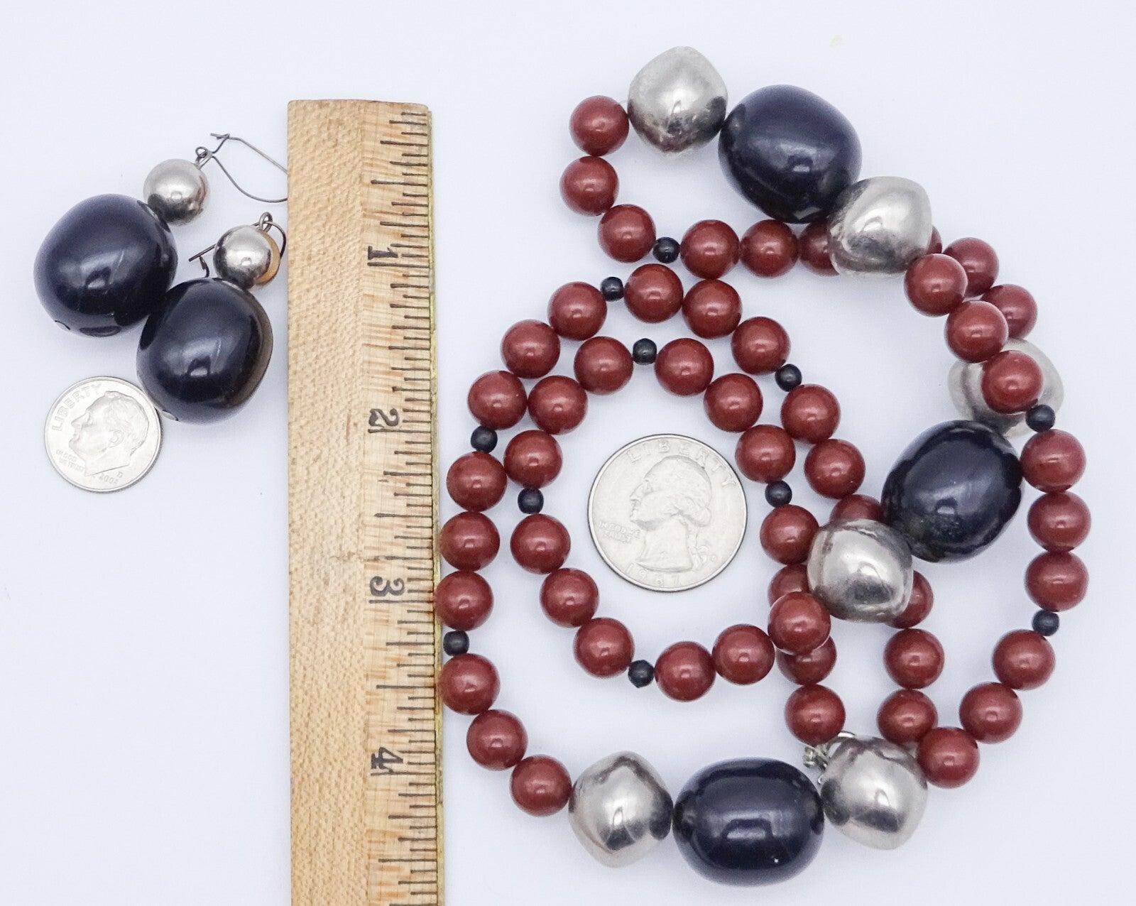 Vintage Long Beaded Necklace and Pierced Earrings Red Black Silver