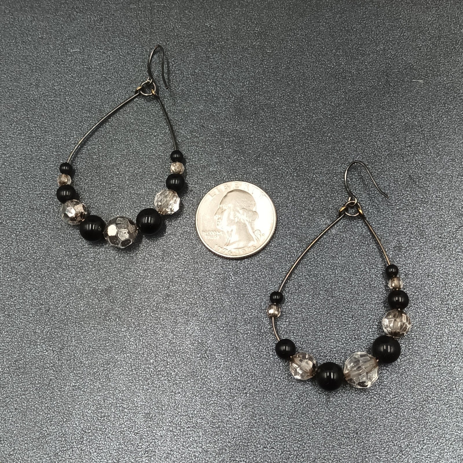 Pierced Earrings Gun Metal Gray Teardrop Wire Loop Acrylic Beaded Dangle 2"