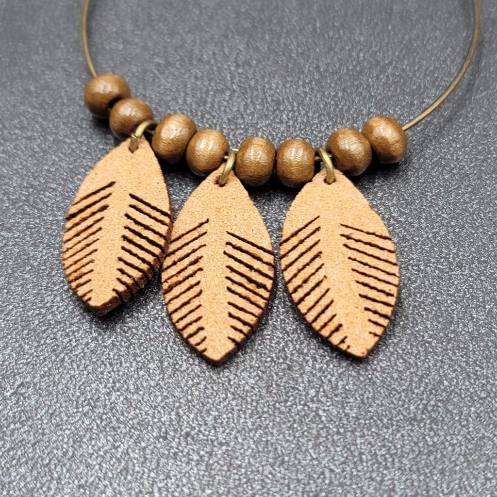 New Boho Pierced Earrings Bronze tone Faux Leather Leaves Wood Bead Hoops 3.25"