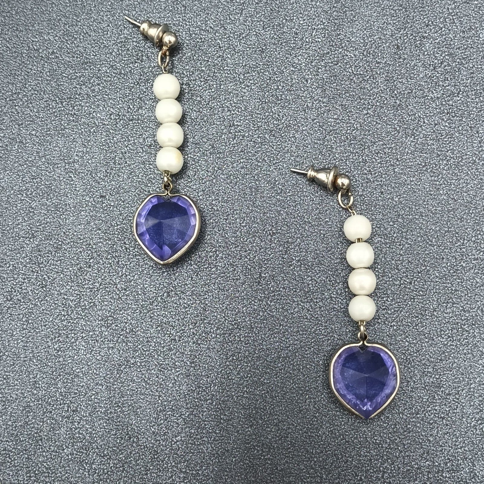 Vintage Pierced Earrings Purple Acrylic Heart Beaded Dangle 2"