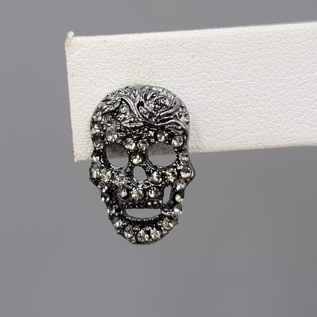 Black Crystal Skull Pierced Earrings Drop Halloween 5/8"