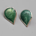 Vintage Reverse Teardrop Pierced Earrings Silver tone Green Enamel Drop 3/4"