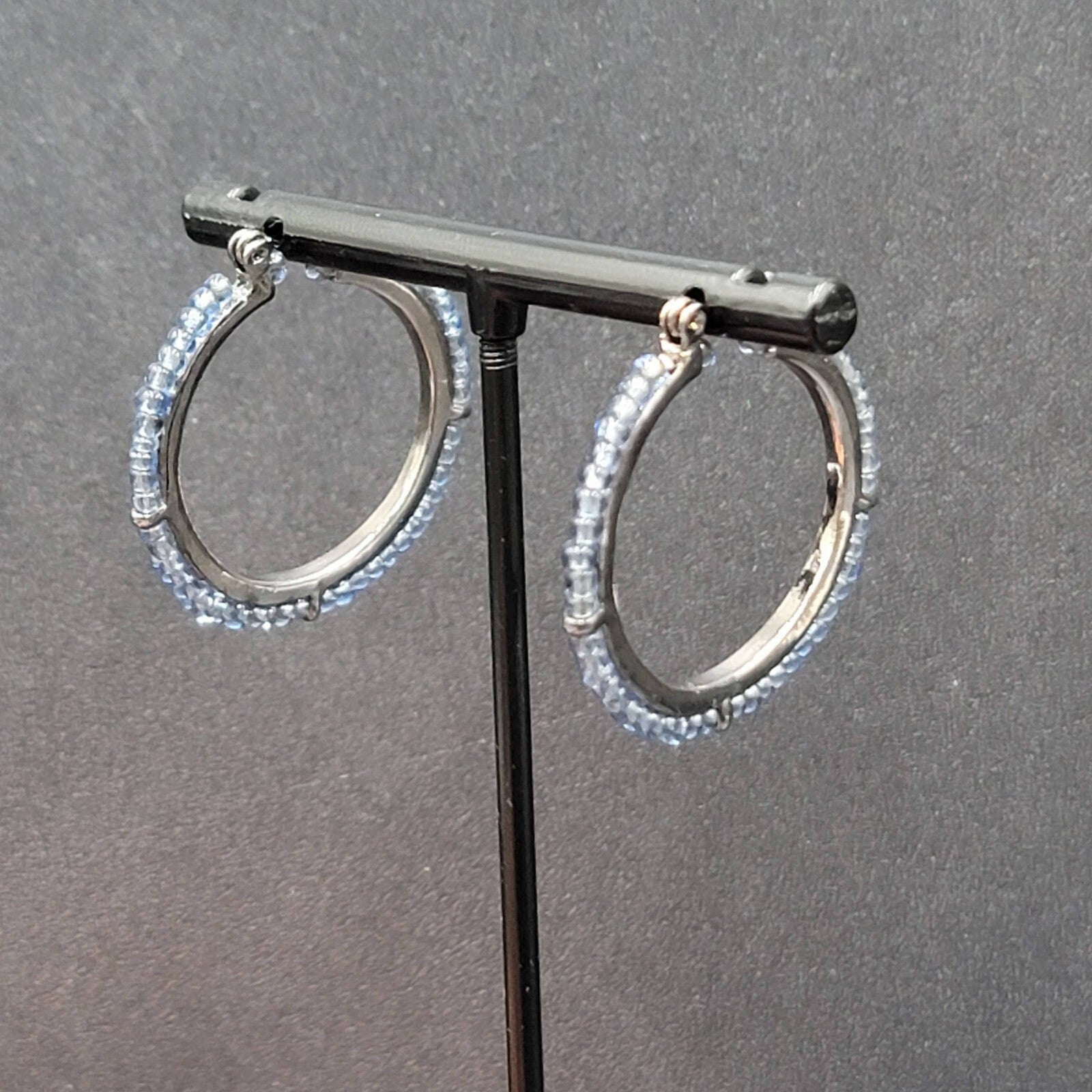 Pierced Earrings Black Metal Blue Seed Bead Hoops 1"