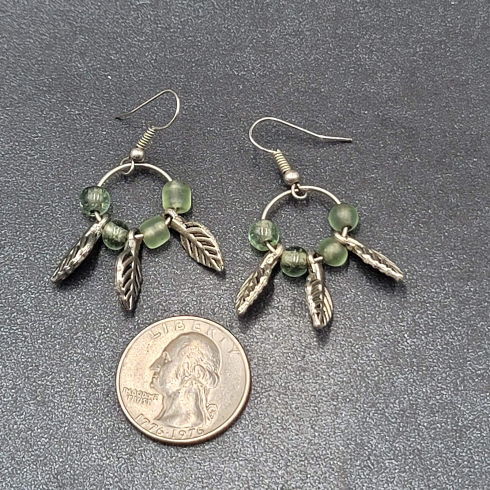 Pierced Earrings Silver tone Green Glass Bead Leaves Dangle  1.25"