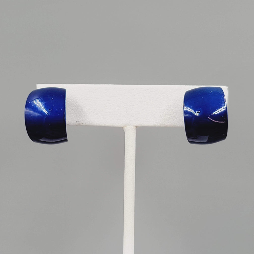 Vintage Blue Enamel Pierced Earrings Wide Hoops 5/8"