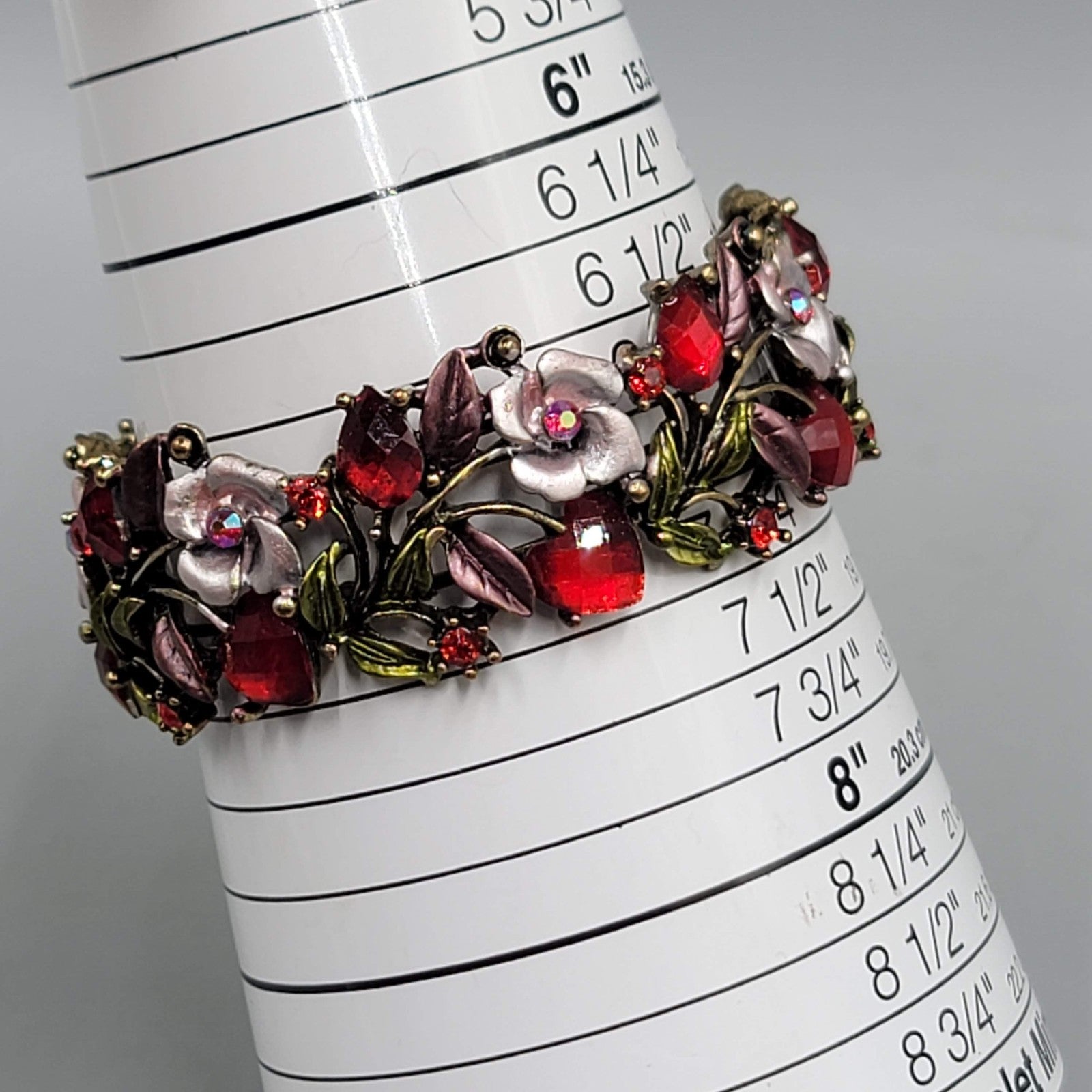 Pink Enamel Rhinestones Flowers Bracelet Bronze tone 7 in