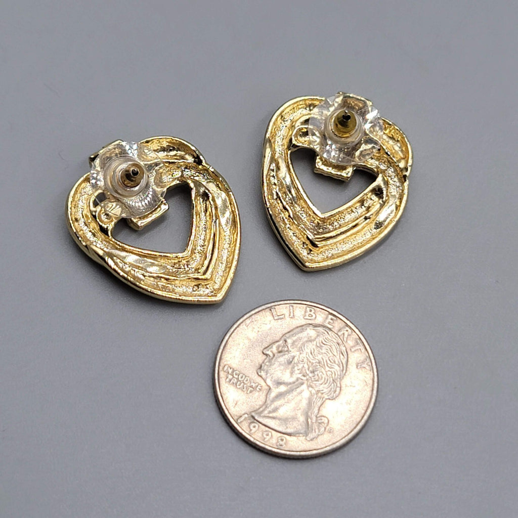 Vintage Double Open Heart Pierced Earrings Gold tone Drop 1 1/8"