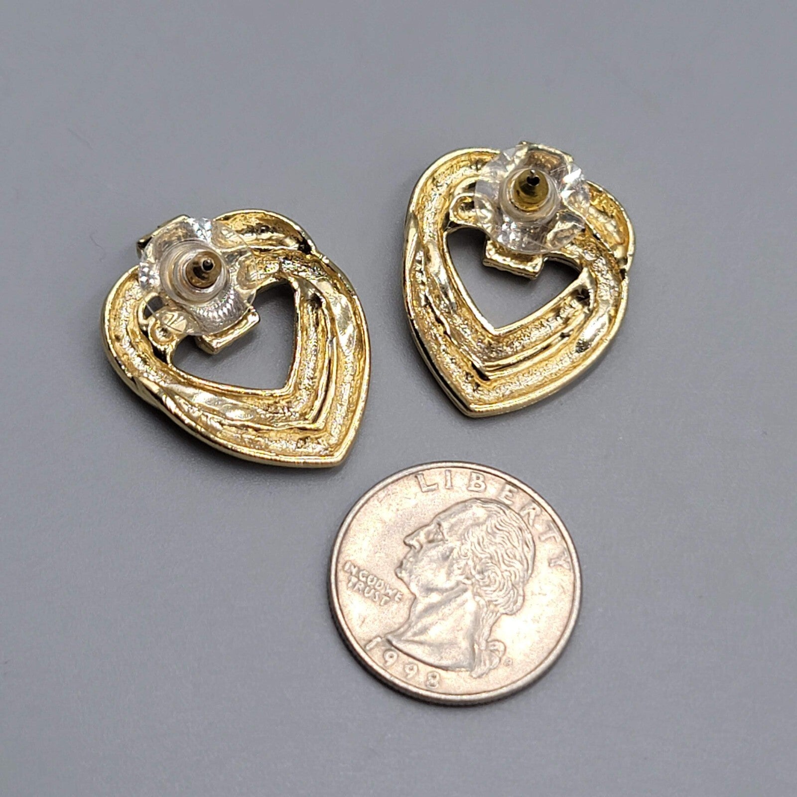 Vintage Double Open Heart Pierced Earrings Gold tone Drop 1 1/8"