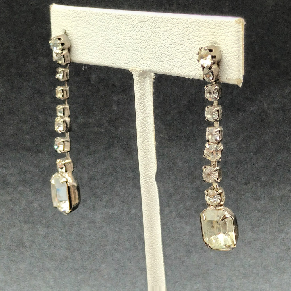 Pierced Earrings Silver tone Rhinestone Retro Dangle 1 3/4"