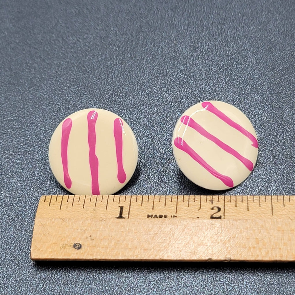 Vintage Pierced Earrings White Purple Stripes Round Disc 1"