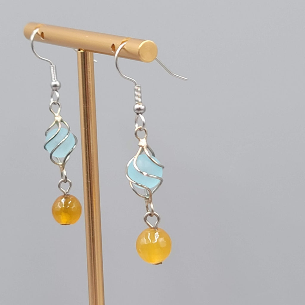 Blue Yellow Glass Bead Pierced Earrings Silver tone Dangle  1.25 in