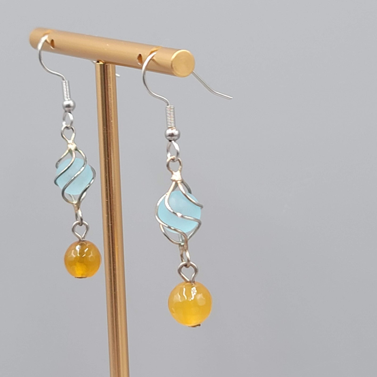 Blue Yellow Glass Bead Pierced Earrings Silver tone Dangle  1.25 in