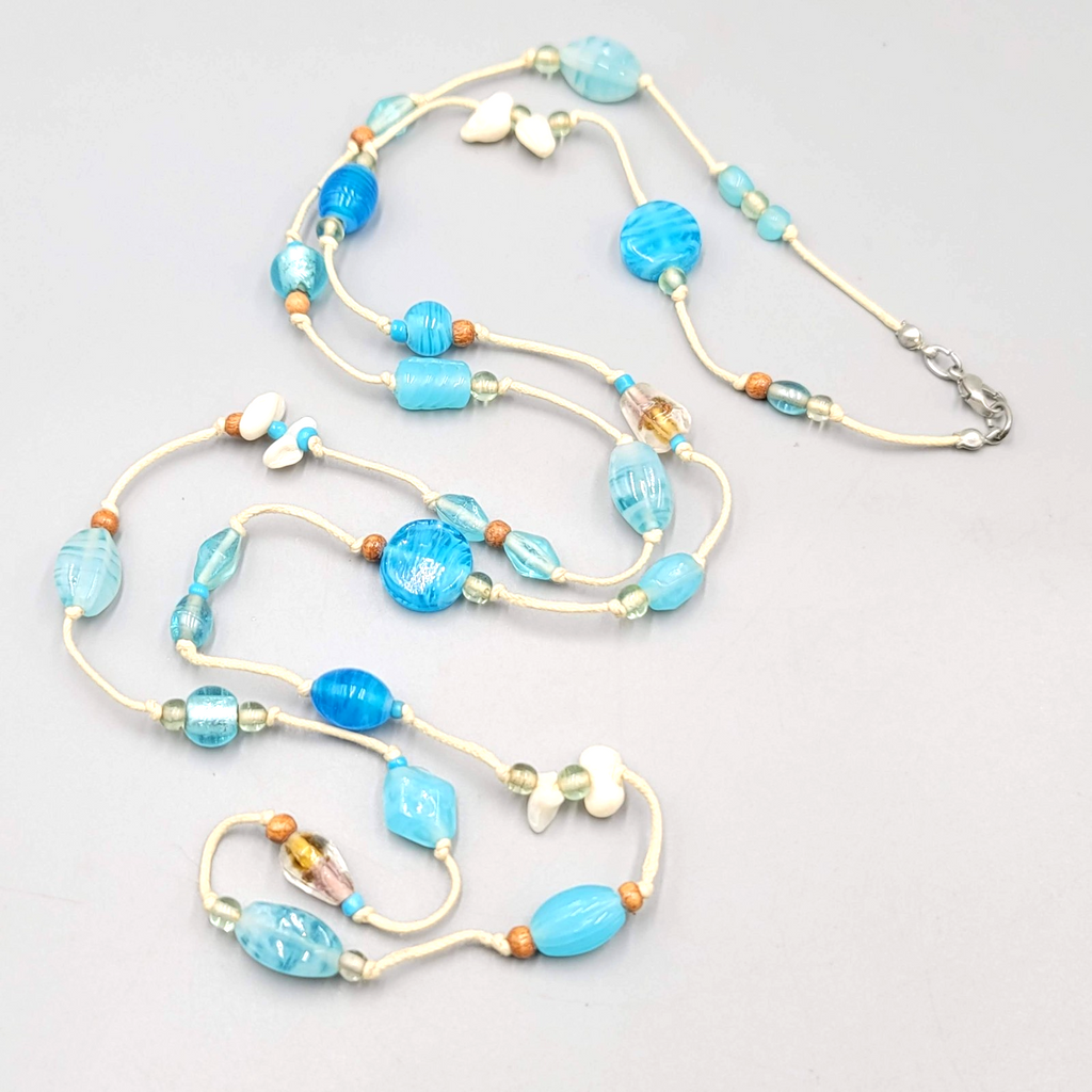 Vintage Blue Glass Bead Necklace Beach Theme Nautical Seashell Accents Long 44"