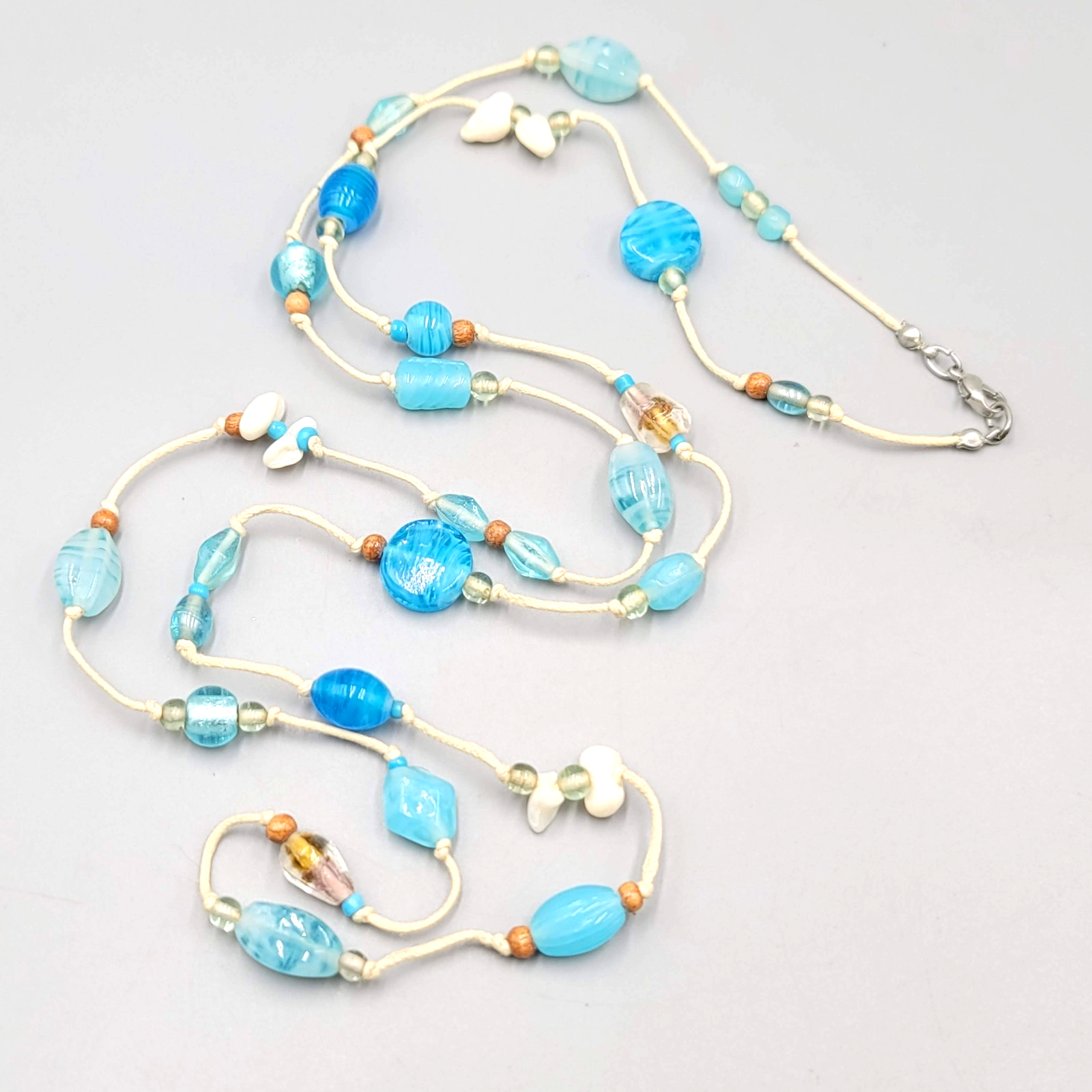 Vintage Blue Glass Bead Necklace Beach Theme Nautical Seashell Accents Long 44"