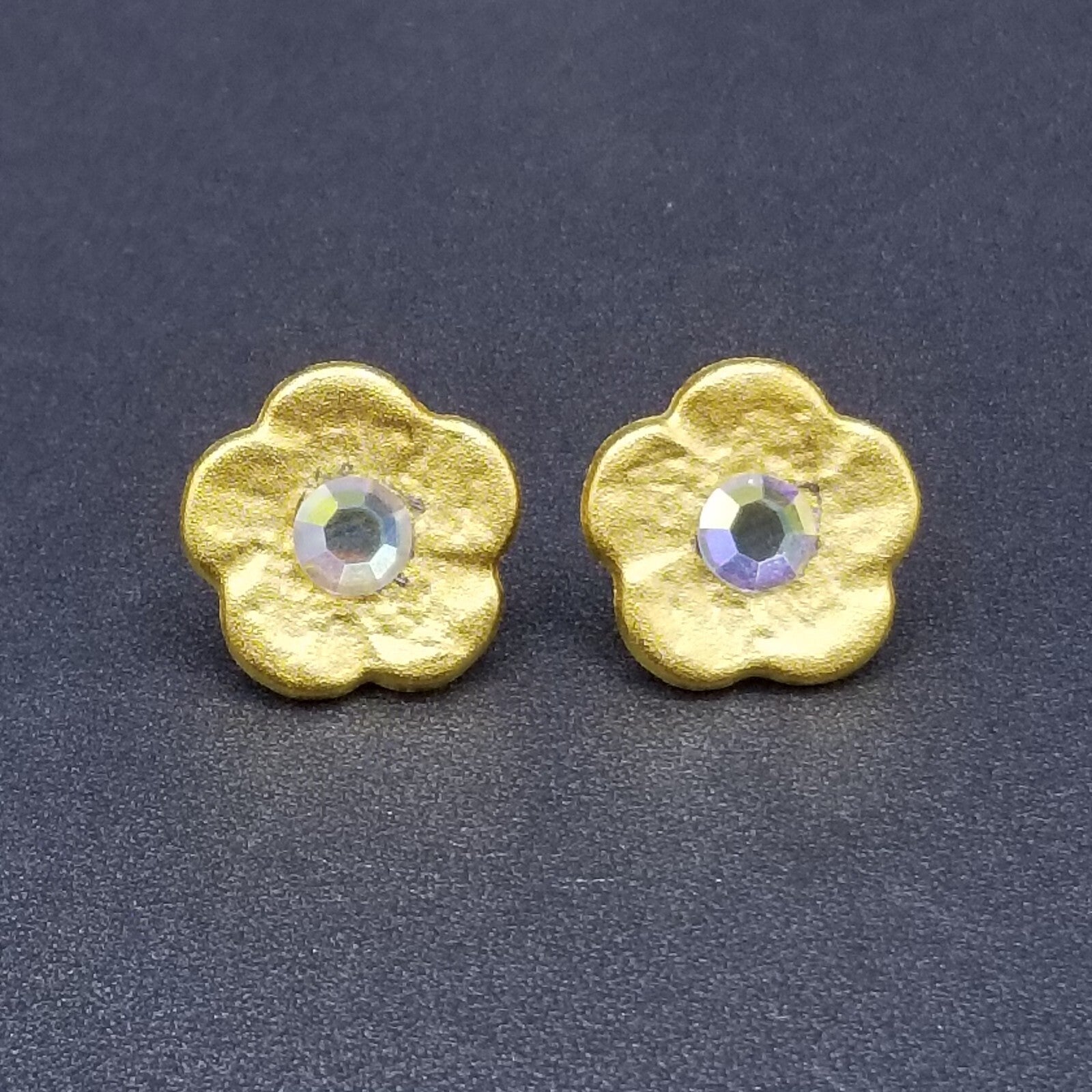 Pierced Earrings Gold tone Glower Aurora Borealis Crystal Stud 3/4'