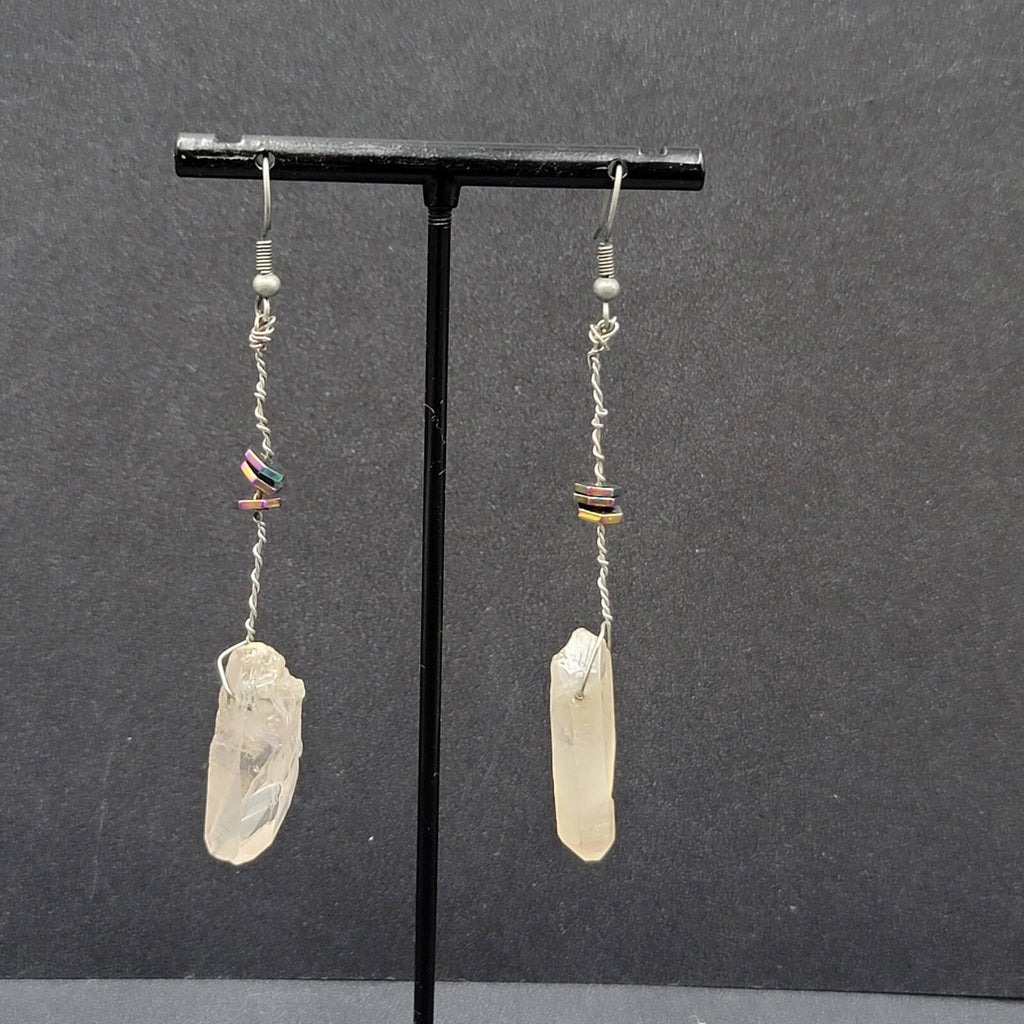 Artisan Crystal Pierced Earrings Boho Witchy Natural Dangle 2.75"