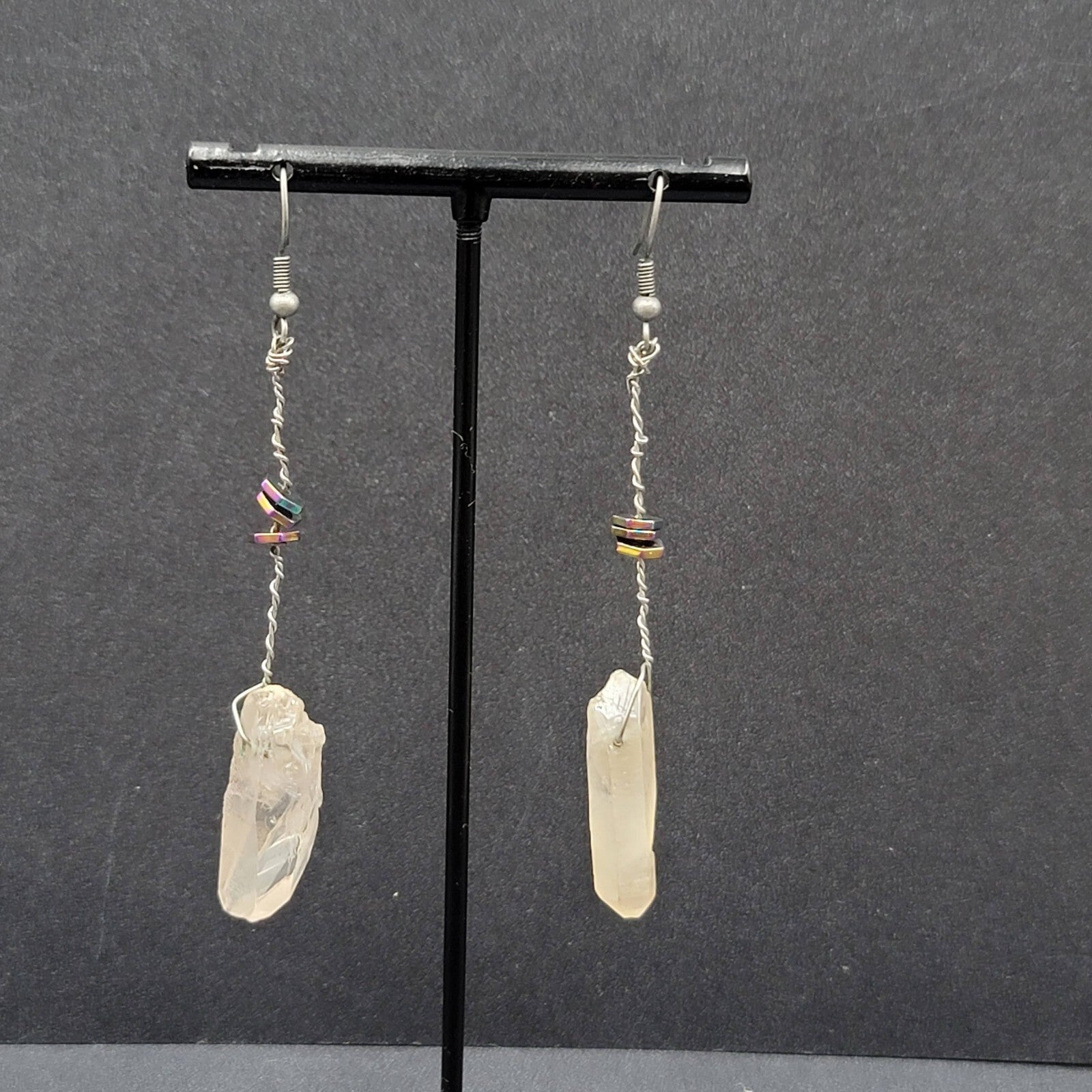 Artisan Crystal Pierced Earrings Boho Witchy Natural Dangle 2.75"
