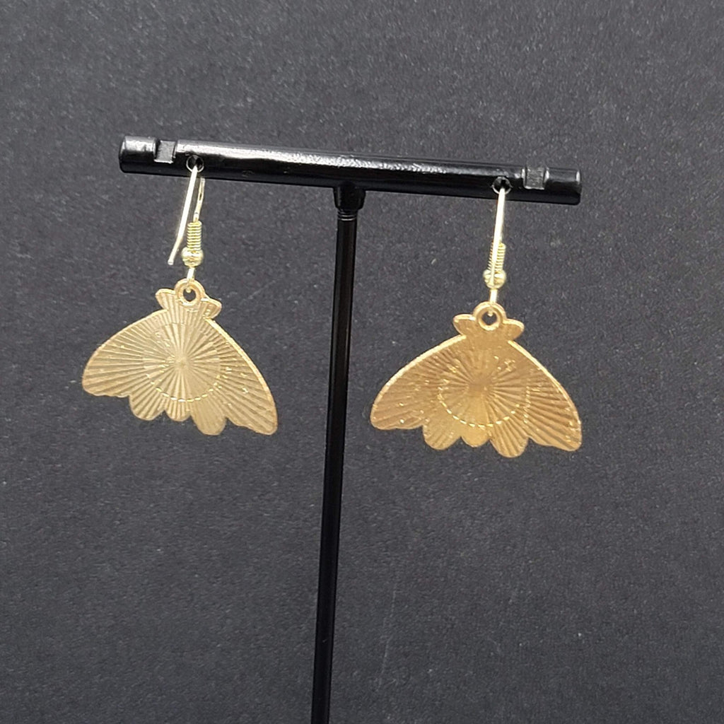 Evil Eye Moth Pierced Earrings Gold tone Blue Enamel Dangle 3/4"