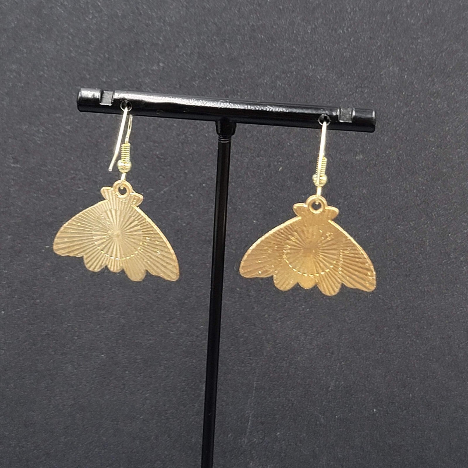 Evil Eye Moth Pierced Earrings Gold tone Blue Enamel Dangle 3/4"
