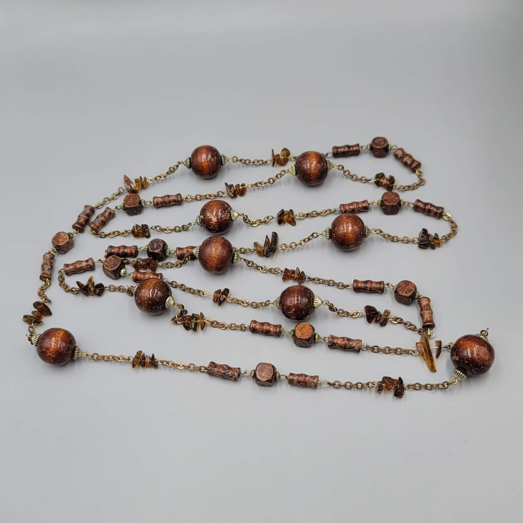 Vintage Wood Bead Necklace Amber Chip Extra Long 72"