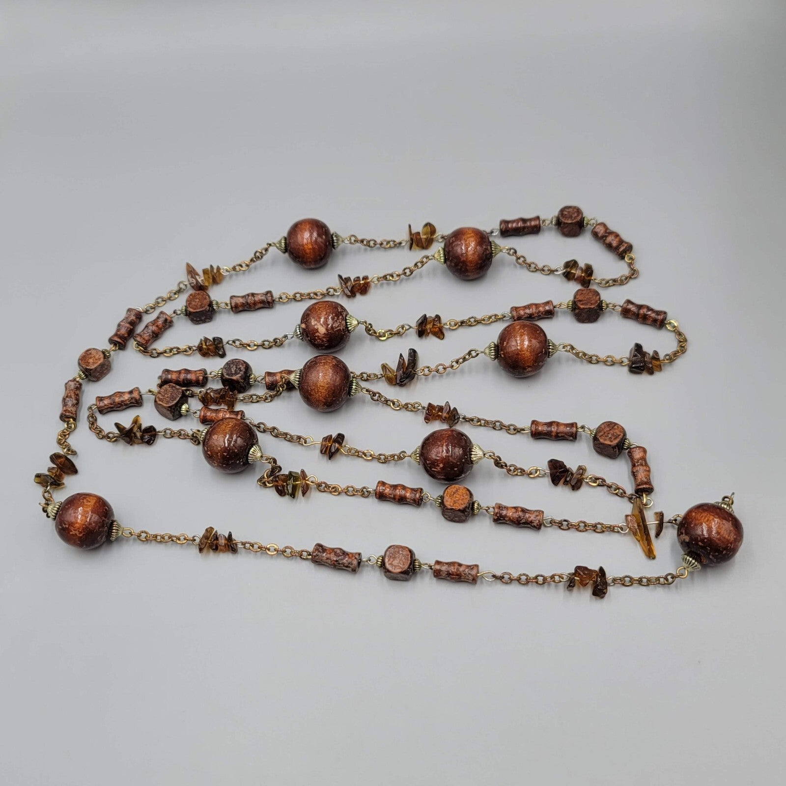 Vintage Wood Bead Necklace Amber Chip Extra Long 72"