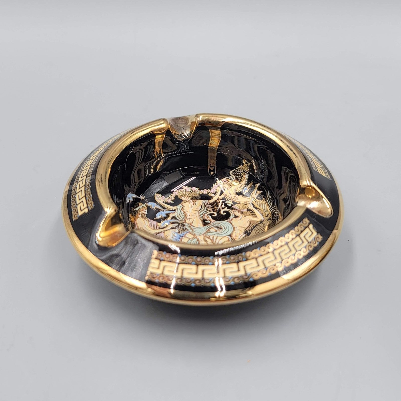 Greek Key Black Ceramic Ashtray Set of 2 24K Gold Hand Made in Greece Mythology