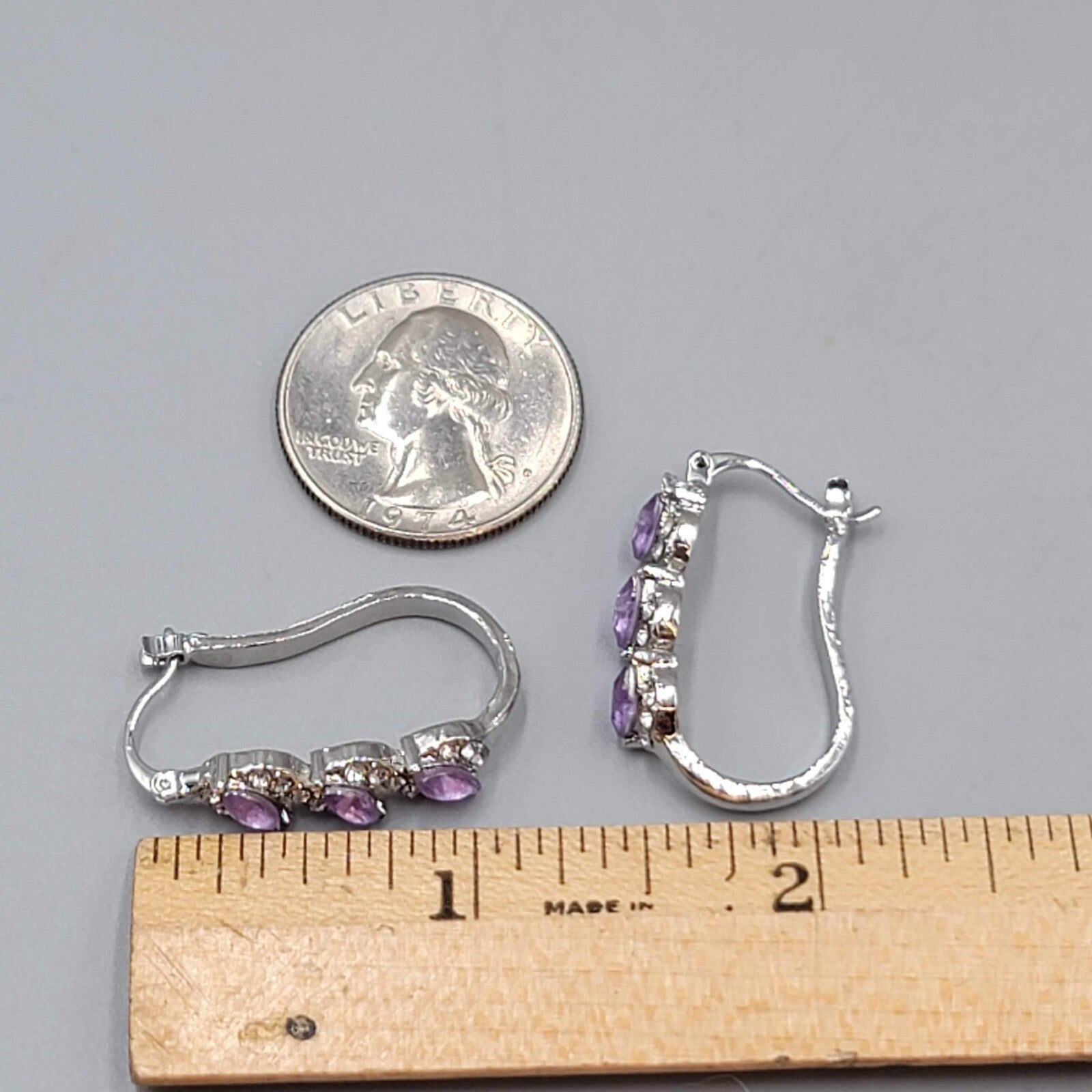 Hoop Pierced Earrings Silver tone Purple Rhinestone Dangle Hoops 1"