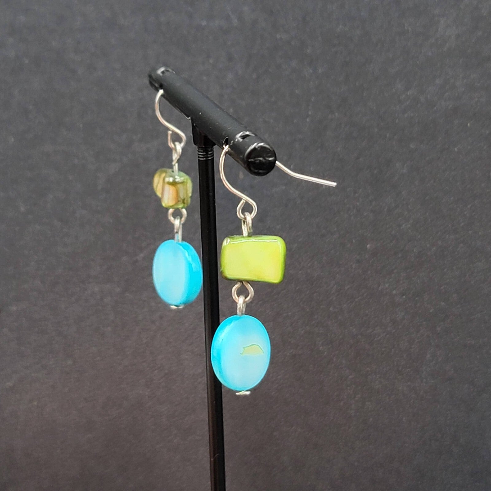 Pierced Earrings Green Blue Shell Bead Dangle Silver tone Hooks 1"