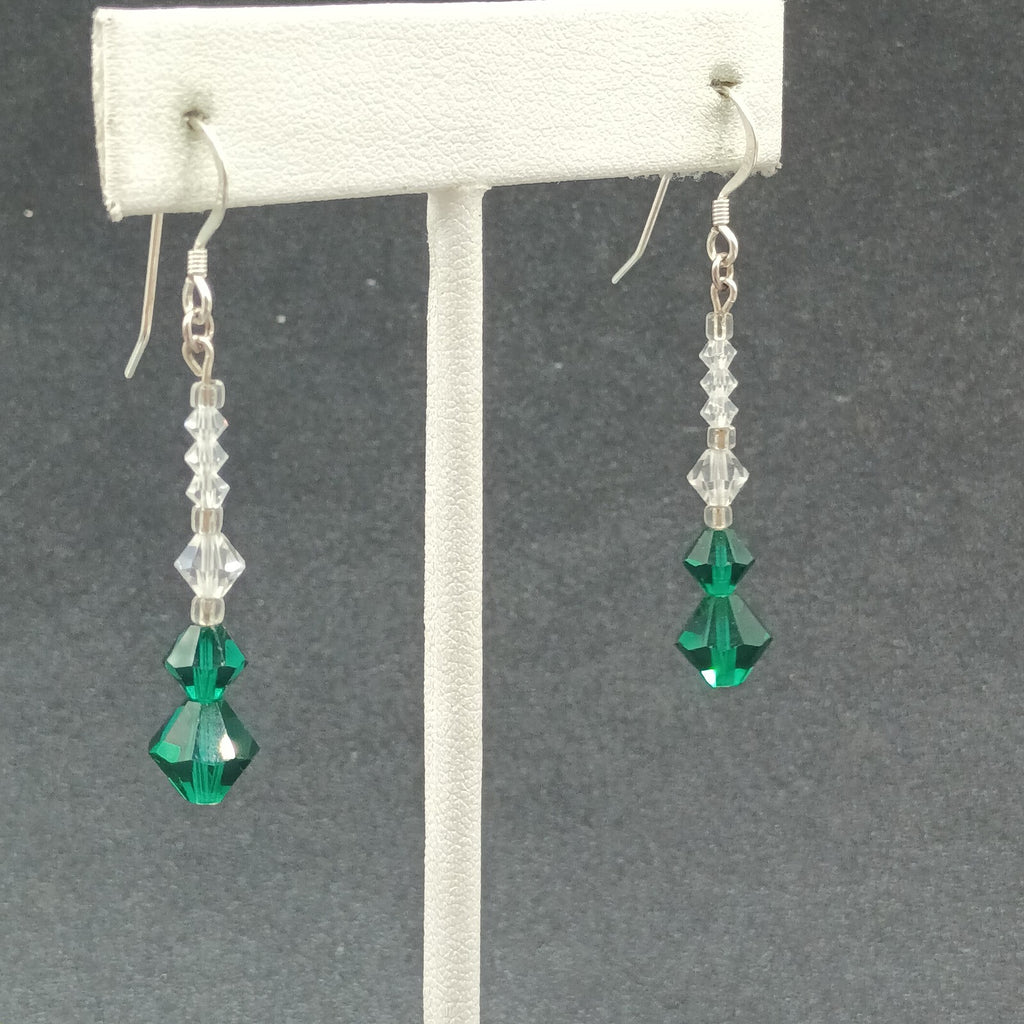 Pierced Earrings Silver tone Hook Faceted Clear Green Beaded Dangle 1 1/4"