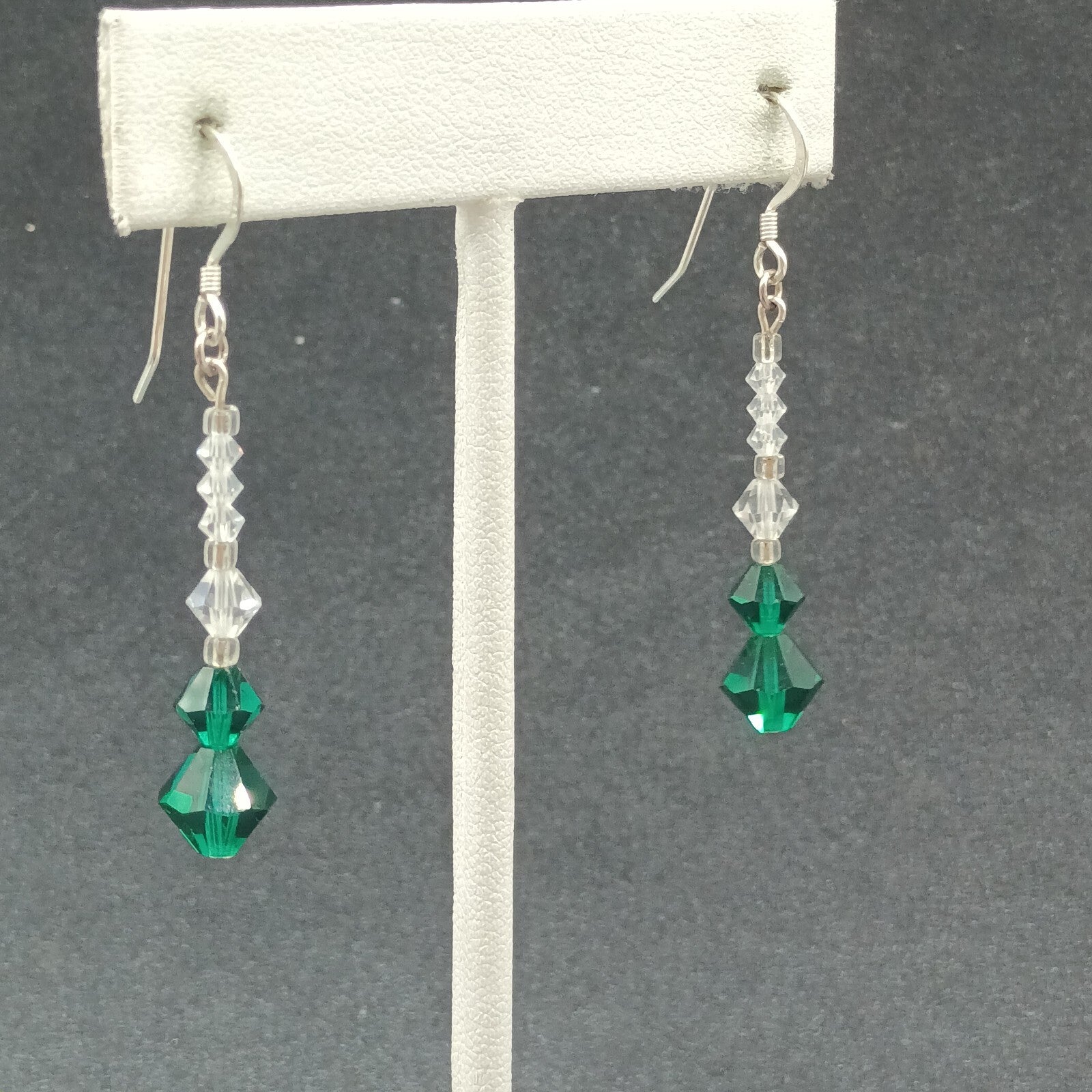 Pierced Earrings Silver tone Hook Faceted Clear Green Beaded Dangle 1 1/4"