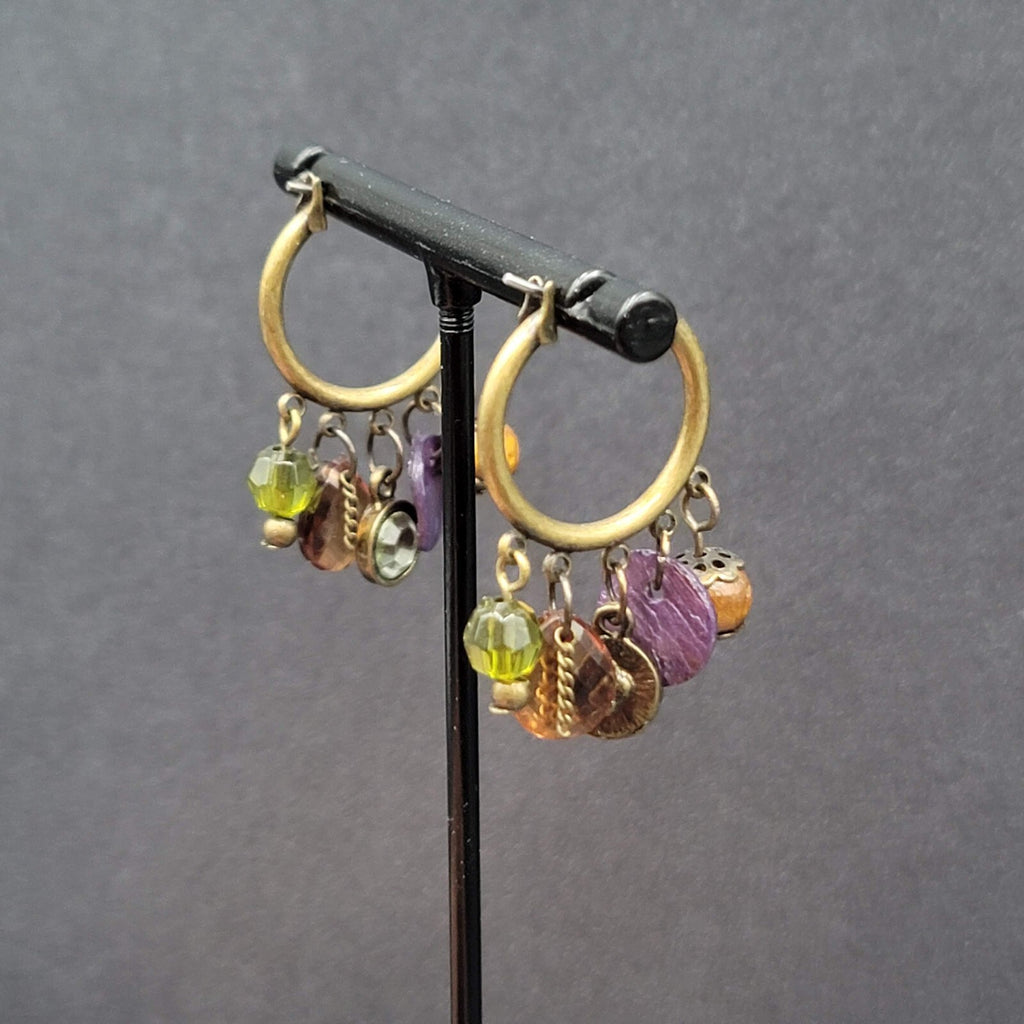Pierced Earrings Green tone Green Orange Purple Beads Hoops 1.25"