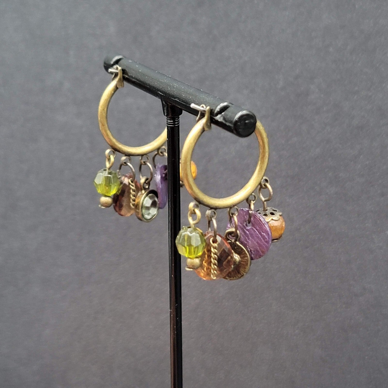 Pierced Earrings Green tone Green Orange Purple Beads Hoops 1.25"
