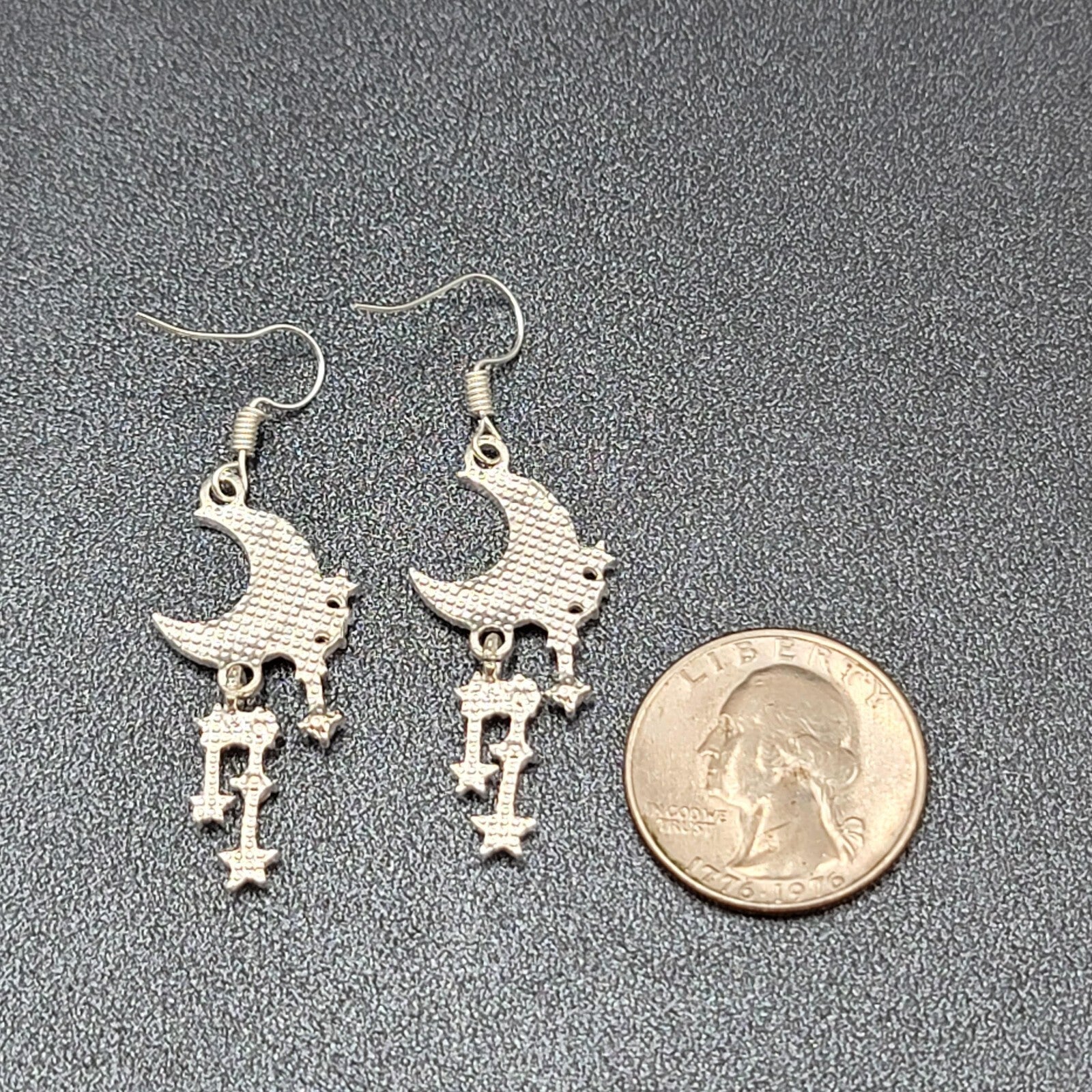 Moon Pierced Earrings Silver tone Crystal Rhinestone Dangle 1.5"