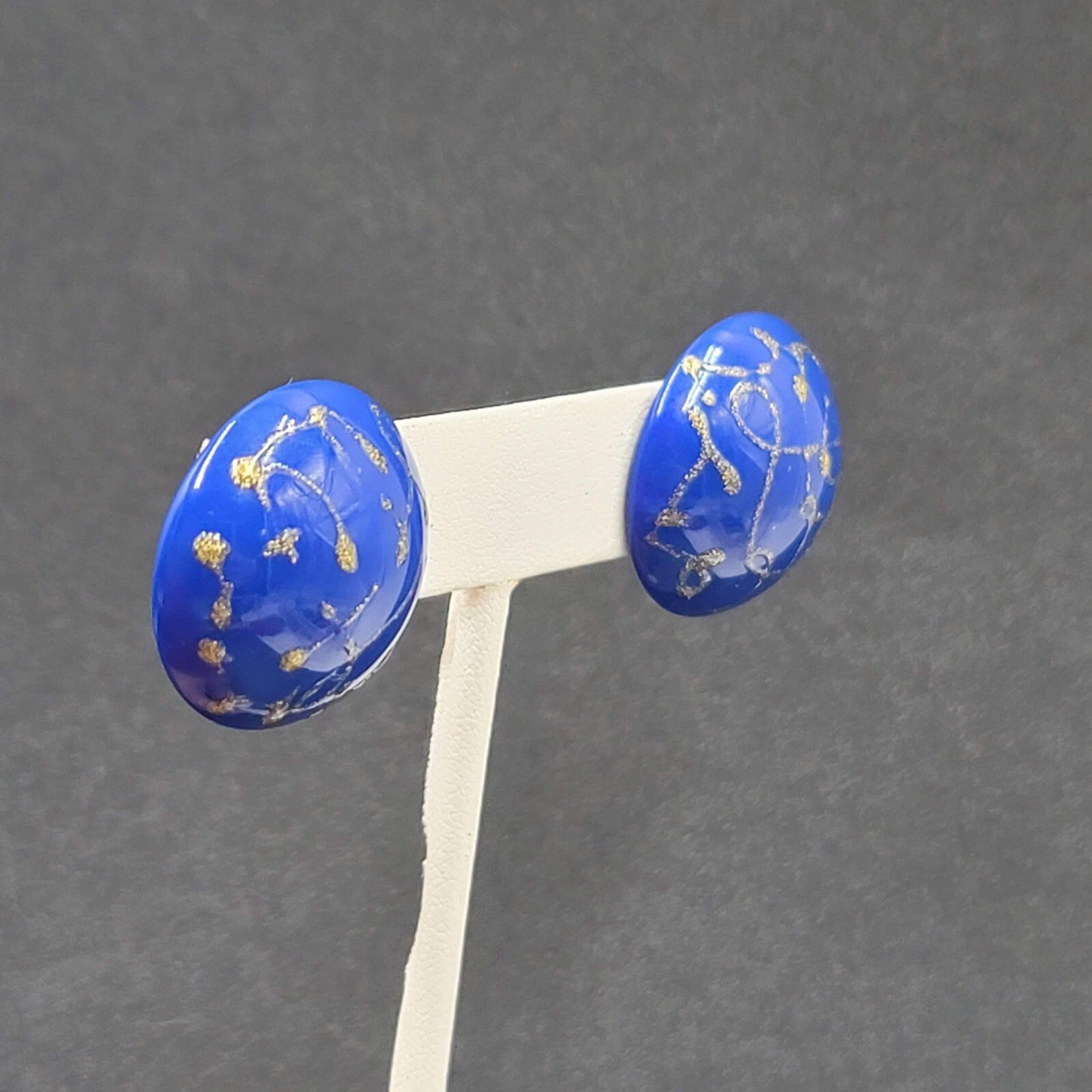 Vintage Pierced Earrings Blue Dome Studs Gold Glitter Paint 1"