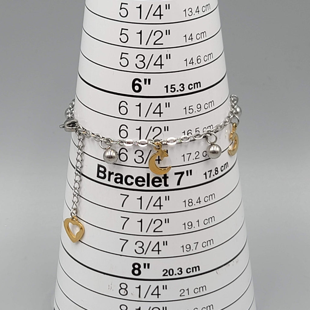 Moon Charm Bracelet Silver tone Chain Gold tone Charms 6.5" - 7.5" Adj