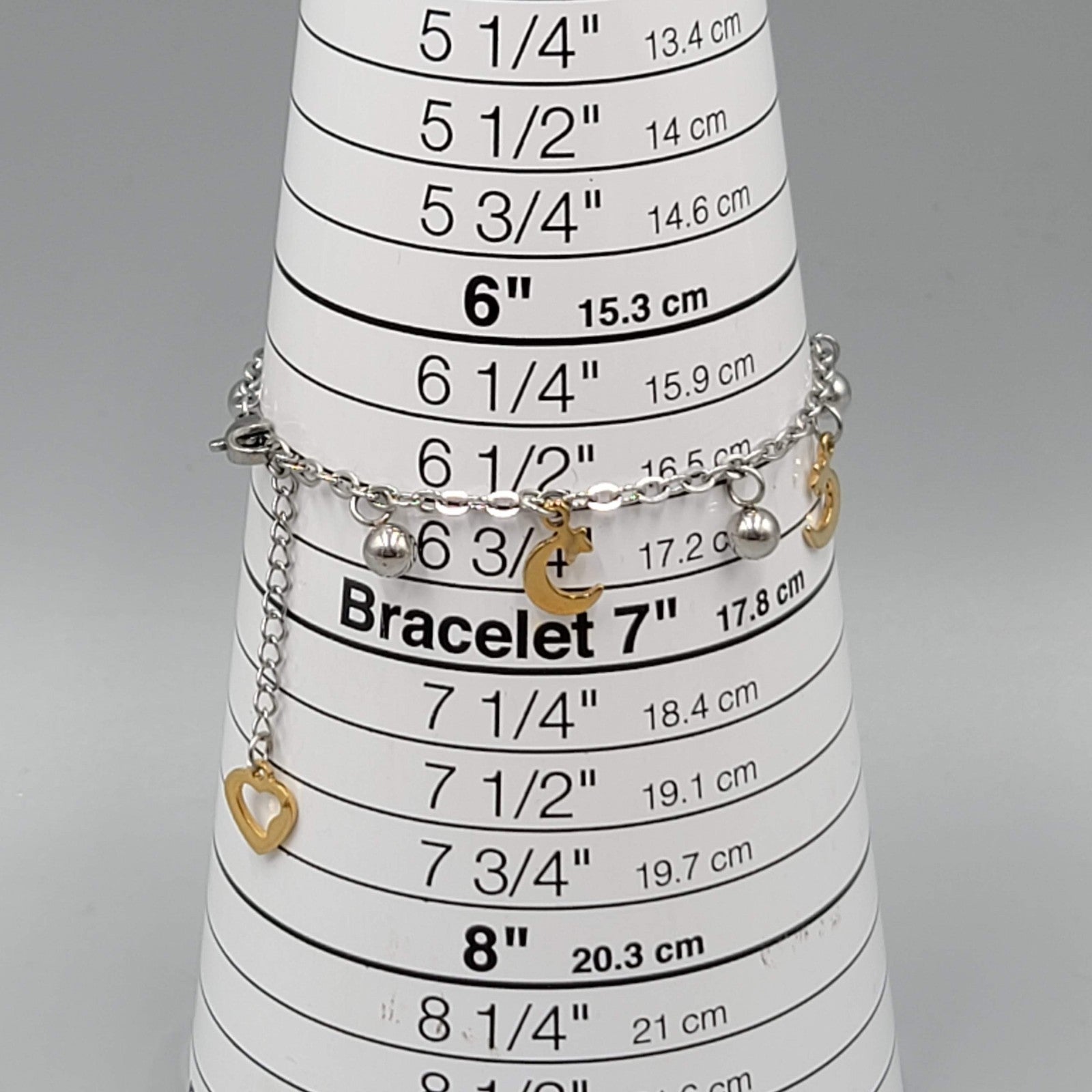 Moon Charm Bracelet Silver tone Chain Gold tone Charms 6.5" - 7.5" Adj